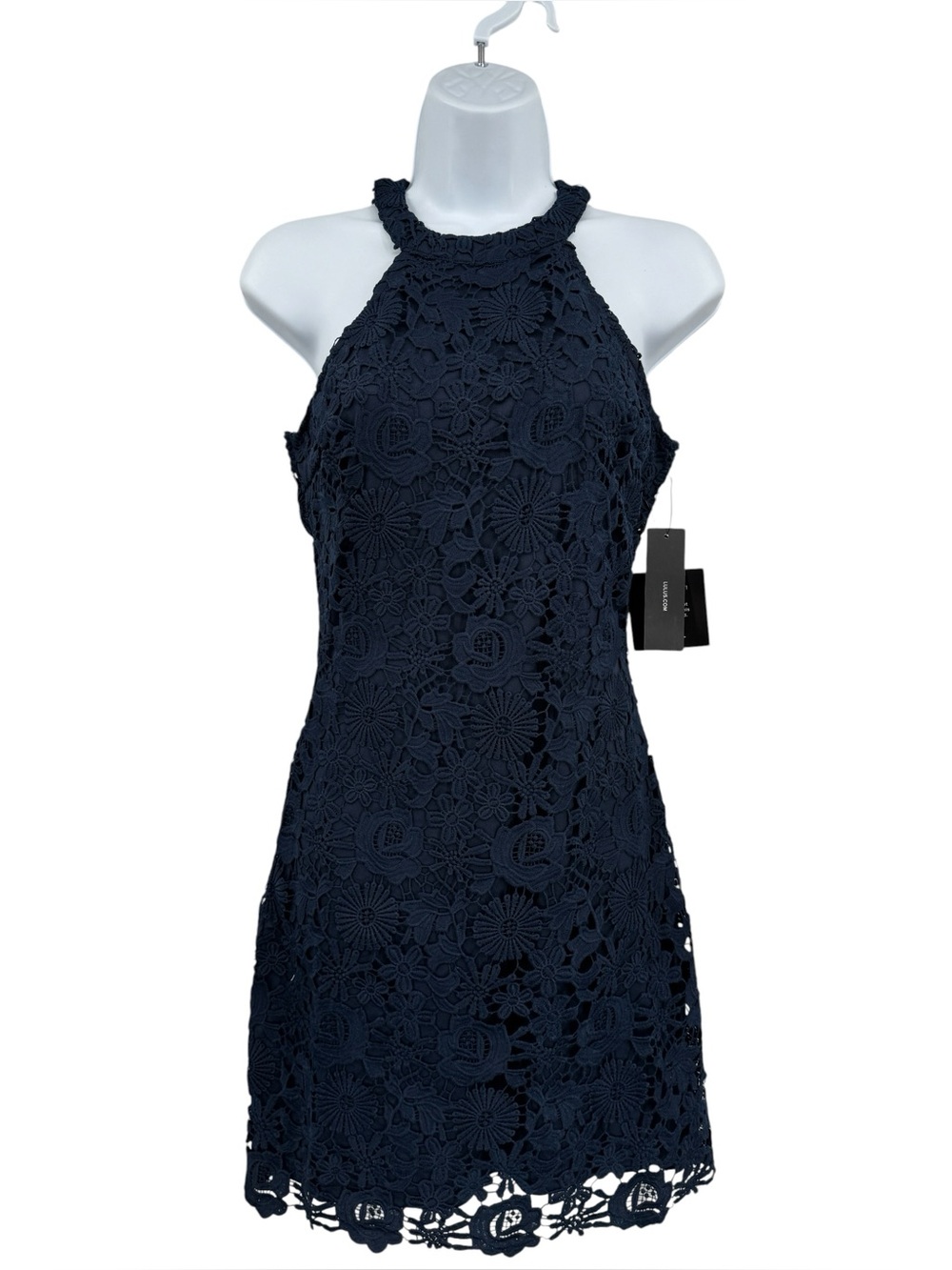 Lulus Love Poem Crochet Floral Lace Halter Navy Mini Dress Size S